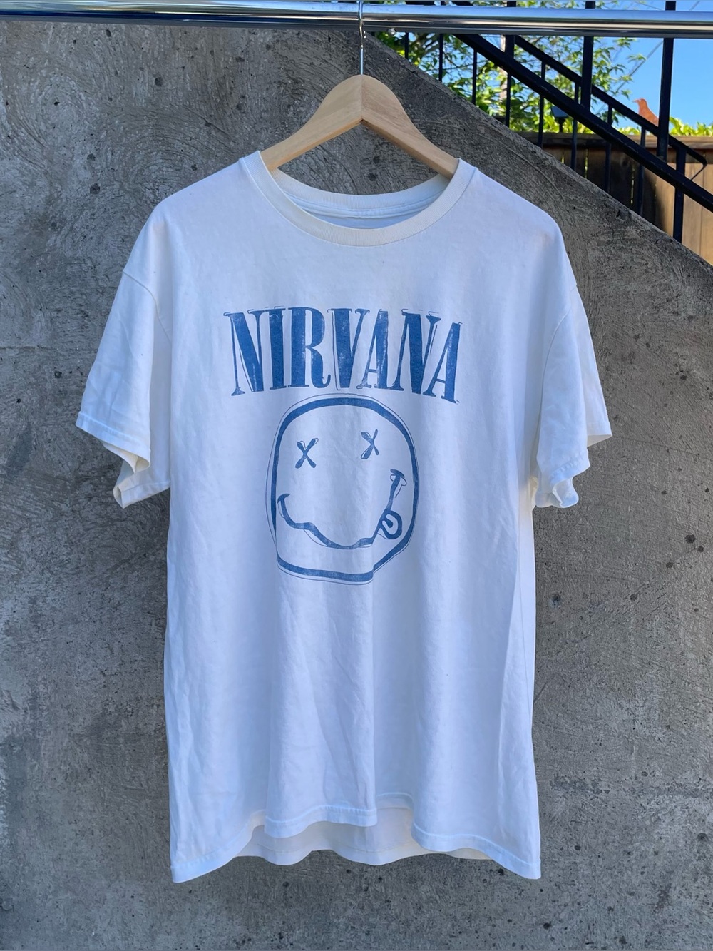 White and blue Nirvana smiley face graphic tee size small